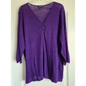Lauren Ralph Lauren Purple Linen V Neck Henley 3/4 Sleeve Sweater Sz 2X‎ Vintage